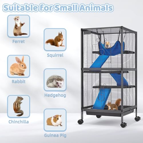 Fragess Small Animal Cage, 45''H Large Metal Rolling 4-Tiers Guinea Pig Cage, Ferret Cage, Rabbit Cage, Chinchilla Cage for Rats/Hamsters, 0.5'' Bar Spacing with Removable Ramp & Platform (Medium)