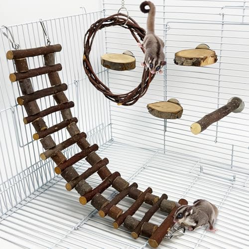 BNOSDM Cage Accessories 6 Packs Wood Sugar Glider Toys Hanging Cage Ladder Perch Stand Climbing Platform and 5.9"X 5.9" Size M Chinchilla Hanging Tunnel Toy Adjustable Metal Chain Natural Fruitwood