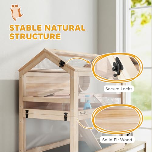 PawHut Wooden Hamster Cage for Small Gerbil, Mice 30" x 18" x 30" | 3-Tier Small Animal Cage, Hut, Seesaw, Ramps, Exercise Wheel, Acrylic Panel, Bottom Tray, Dwarf Hamster Habitat