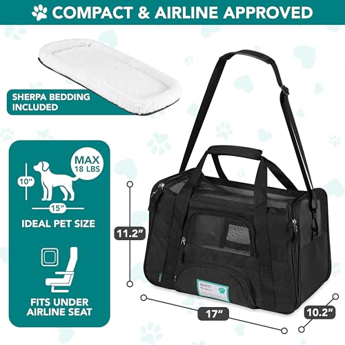 PetAmi Airline Approved Pet Carrier for Cats & Small Dogs, Small, Black | Soft Sided TSA Travel Bag, Sherpa Bed, Breathable Mesh Ventilation, Collapsible Bowl, Fits Under Seat, Up to 18 lbs - color: Black, size: Small - 17"L x 10.2"W x 11.2"H