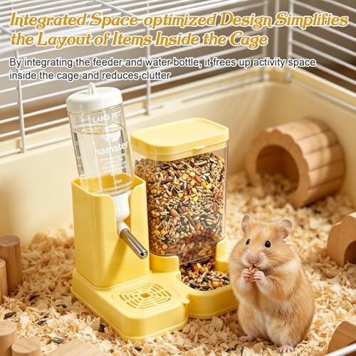 Hamster Water Bottle 2-in-1, 80ml Top-Fill Water Dispenser & 320ml Food Feeder, BPA-Free Anti-Leak Small Animal Cage Accessories for Hamster Gerbil Mouse (Yellow)