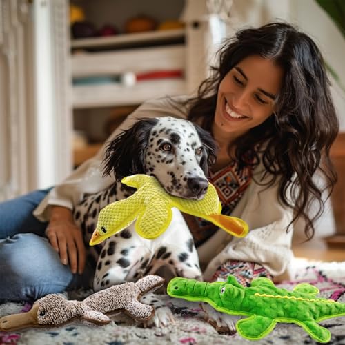 No Stuffing Dog Squeak Toys, 3 Pack Chew Toys for Small to Large Puppies | Durable Puppy Teething Toys, Interactive to Keep Pets Busy, Toss Fetch Tug Play, Best Birthday Gift - color: Yellow&Coffee&Green