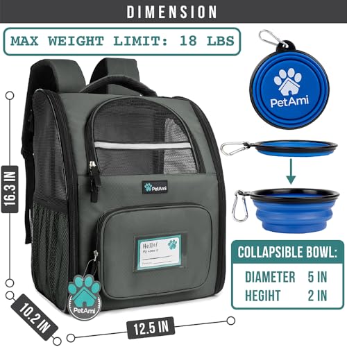 PetAmi Dog Backpack Carrier for Small Large Cat, Pet, Puppy, Ventilated Pet Hiking Backpack Travel Bag, Airline Approved Cat Backpack Carrier, Camping Biking Dog Bag Up to 18lbs Pet, Dark Grey - color: Dark Gray
