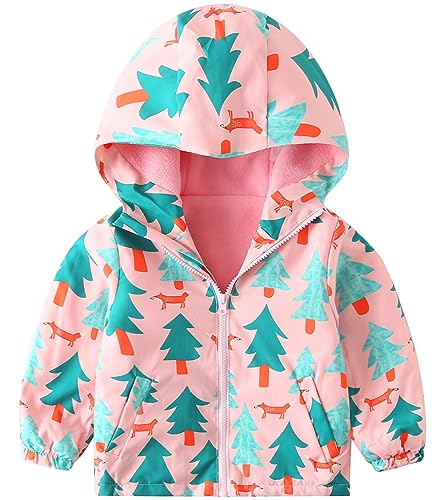 Happy Cherry Toddler Boy Girl Fleece Lined Jackets Waterproof Hooded Windbreaker Coat for Winter Fall 2023 - color: Thick Pink Fox Tree, size: 2-3T