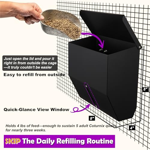 CluckRoots No Waste Quail Feeder, 3 x 1.5'' Ports for Adult Coturnix Quail | Outside-Hanging Metal Feeder for Wire Cages Hutch Pen to Save Space, No Spill No Mess for Japanese Jumbo Pharaoh Quail - size: 8 Inch
