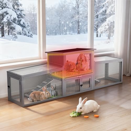 COZIWOW Heated Large Rabbit Hutch Insulated, Outdoor Indoor Bunny Cage with Heating Pad & Insulation Liner, 2-Level Wooden Small Animal House Pet Enclosure with All-Covered Sloped Roof, Grey