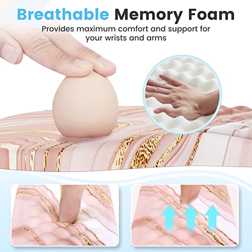 HAOCOO Ergonomic Keyboard Wrist Rest & Mouse Pad Set, Rose Gold Pink | Memory Foam Wrist Support, Ergonomic Keyboard Rest, Smooth Mouse Pad Surface, Non-Slip PU Base, Matching Coaster Set - color: Marble Rose Gold Pink Fluid