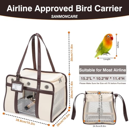 Sanmoncare Airline Approved Bird Carrier for Parrots, Travel Bird Cage | Carrier for Cockatiels Conures Small Birds, Portable Pet Carrier Bag with Removable Tray, Breathable Mesh Windows, White - color: White