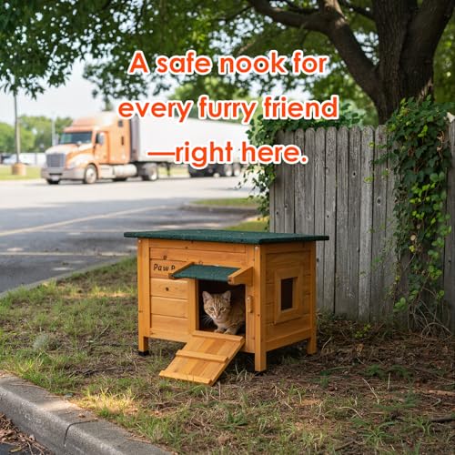 Paw Pal Outdoor Cat House, Outdoor Cat House Weatherproof, Openable Asphalt Roofs, Cat Houses for Feral Cats, Bunnies and Guinea Pigs, Small Animals, Insulated Cat Houses, Small Wooden cat House - style: Small: 20.1" * 16.5" * 16.5"
