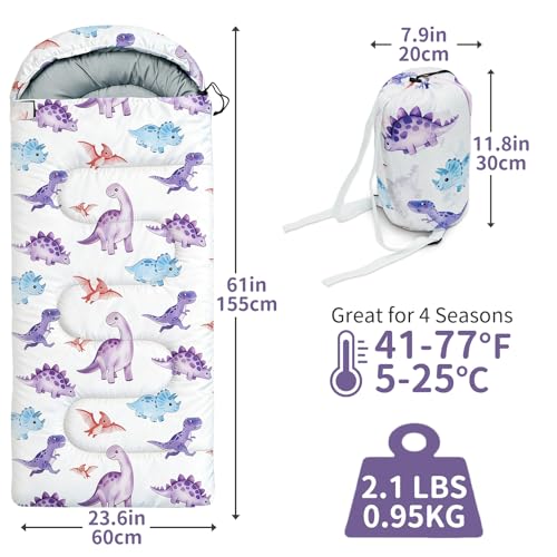 Kids Sleeping Bags - Camping Sleeping Bags with Carry Bag - Compact Sleeping Bag for Hiking, Backpacking 3 Season Warm & Cool Weather, Lightweight Waterproof Outdoor Travel for Boys Girls - color: Purple Dinosaur