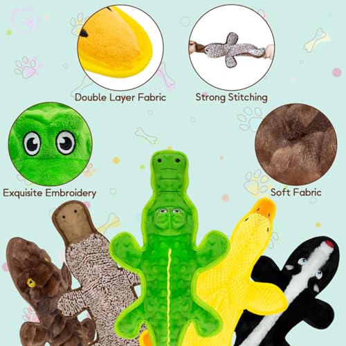 No Stuffing Dog Squeak Toys, 5 Pack Chew Toys for Small to Large Puppies | Durable Plush Puppy Teething Toys, Interactive to Keep Pets Busy, Toss Fetch Tug Play, Best Birthday Gift - color: Black, dark brown, green, yellow, coffee
