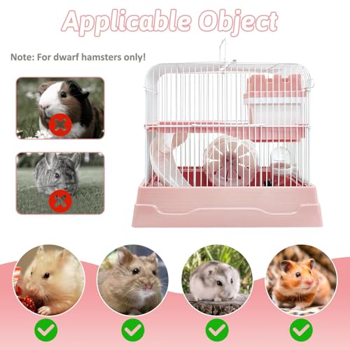 PINVNBY 2-Tier Dwarf Hamster Cage, Travel Portable Guinea Pig Cages Rat Cage and Habitats Small Animal Carrier with Castle House Running Exercise Wheels, Water Bottle and Food Dish (Pink - color: Pink, size: M: 11.7x8.7x9.8in