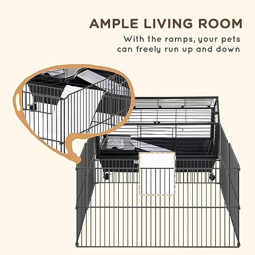 PawHut Small Animal Cage with Foldable Run Area, Rolling Bunny Cage, Guinea Pig Cage, Hedgehog Cage with Water Bottle, Water Bowl, and Ramps, 35" L | Guinea Pig Hutch, Hedgehog Cage, Water Bottle, Water Bowl, Ramps - size: 50.5"L x 34.8"W x 22.0"H