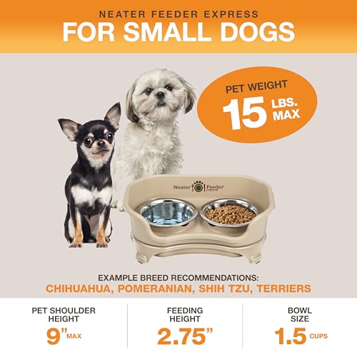 Neater Feeder Express Mess Proof Dog Bowls Elevated for Small Breeds Under 15 Lb, Made in USA, No Spill Raised Dog Food Bowl Stand, Stainless Steel Food and Water Bowl Set, Feeding Station, Almond - color: Almond, size: Small w/ Standard Bowls