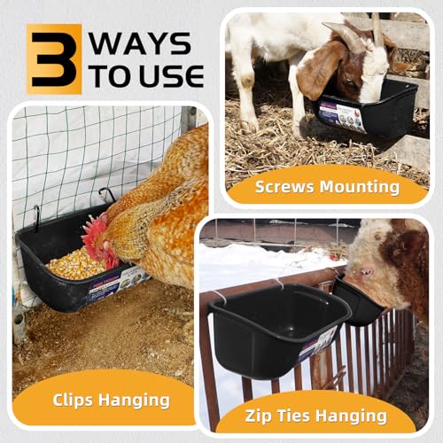 Goovilla Chicken Feeder Waterer, Hanging or Screw-in, 2 Pack 5 Quart, Black | With Clips and Screws, Goat Feeding Supplies, Duck Piglet Sheeple Coop Dog Livestock Poultry Plastic Feeder Trough Bucket - color: Black, size: 5 Quart