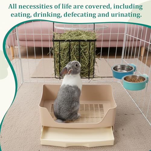 Leinuosen 4 Pcs 4 in 1 Rabbit Hay Feeder with Litter Box 2 Hanging Bowl,Rabbit Litter Box Metal Hay Rack Bunny Guinea Pig Hays Holder Bunny Bedding Toilet for Guinea Pig Chinchilla Other Small Animal