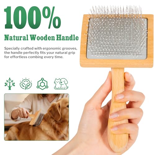 Slicker Brush for Long-Haired Dogs & Cats, Professional Dog Grooming Brush for (Goldendoodles, Poodles, Labradoodles), Large Pets Pin Tips Brushes with Natural Beech Wood Ergonomic Handle