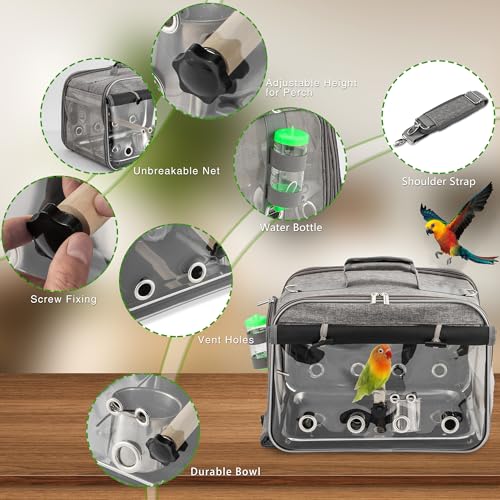 Bird Carrier Airline Approved, Bird Travel Cage with Indestructible Stainless Steel Mesh, Bird Travel Bag Lightweight and Portable with Water Bottle and Bowl - color: Grey