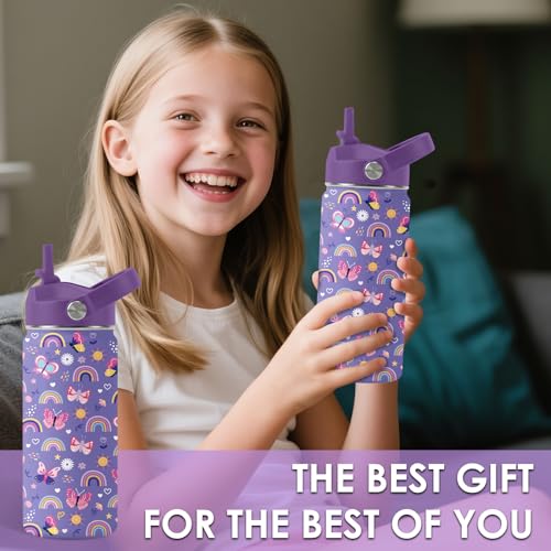Kids Water Bottle 16oz Purple Water Bottle with Straw, Butterfly (1pc) | Girls Stainless Steel Water Bottle BPA-Free Leak Proof Insulated Water Bottle Butterfly Gifts for Girl School Travel Birthday - color: Butterfly1, size: 16 Ounces