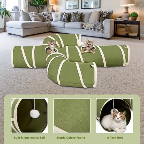 Ownpets Cactus Cat Tunnel 10" with Peek Holes for Indoor Large Cat, Green | Durable Oxford fabric, noise-free, foldable & connectable, multi-cat friendly, tube for cats up to 20lb, includes ball & wand - size: 10 Inches in Diameter