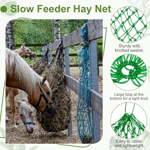 Slow Feeder Hay Net, 40" Length 2" Holes Strong Load-Bearing, Nylon Slow Feed Bag Hay Feeder, (Black/Green, 2 Pcs), Intended for Horses/Goats/Trailer/Stall - color: Black/Green