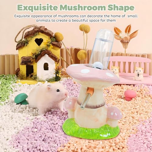 PINVNBY Hamster Water Bottle No Drip Ceramic Automatic Gerbil Water Bottle 80ML Water Dispenser with Mushroom Stand Holder for Gerbils Syrian Hamsters Dwarf Hamsters Mice (Pink) - color: Pink