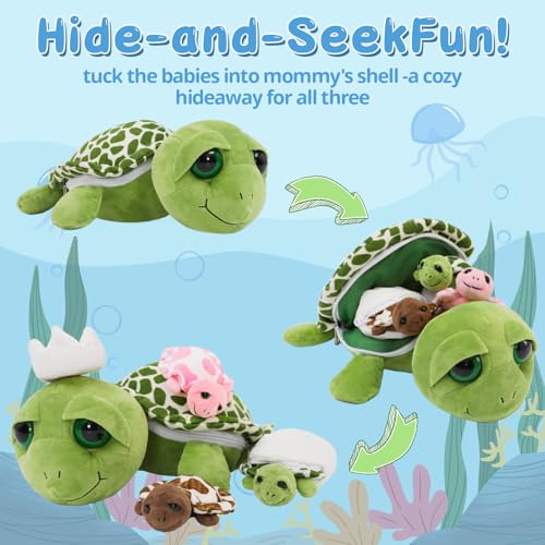 Turtle Stuffed Animals with 3 Babies, 14" Sea Turtle Plush, Green | 3 Baby Sea Turtle Plushies & 2 Eggs; Mother and Baby Plushiea; Zipper Belly Hide-and-Seek; Birthday & Christmas Gift for Kids - style: Turtle Green
