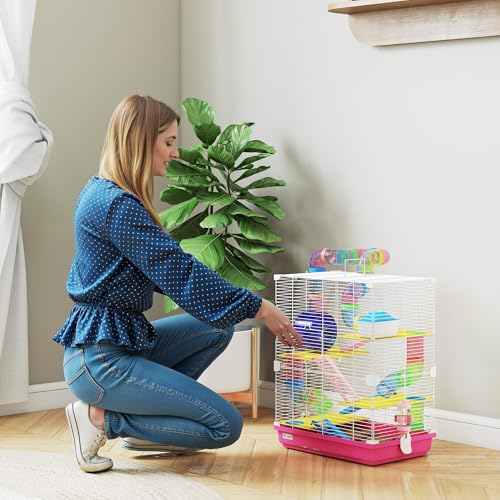 PawHut 18" 5 Tier Hamster Cage w/Tubes and Tunnels for Gerbil Pink | Small Animal Cage, Portable Carry Handle, Water Bottle, Food Dish, Exercise Wheel - color: Pink