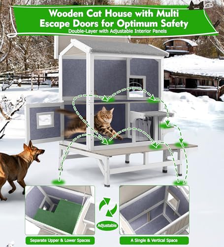 Outdoor Cat House Weatherproof Cats Shelter for Feral Kitten Pet Houses for 1-2 Small Animlas 2 Story Wooden Houses for Indoor Outdoor Cats with Escape Doors (2 Story Cat House-73TI) - style: 2 Story Cat House-73TI