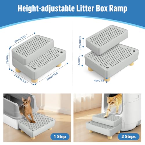 Extra Large 2 Steps Cat Litter Box Step Ramp, Cat Litter Catcher Mat with Wooden Feet, Filter Function, Cat's Pedal Stool for Self-Cleaning Litter, Suitable Kitten & Elderly Cats (Light Grey)