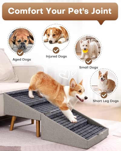 Dog Ramp for Bed & Couch, Dog Stairs 21.06 inches High for Large/Medium/Small Doggie,Split Ottoman Foldable 2 in 1 Wooden Pet Steps for Older and Injured Dogs, No-Slip Surface (17.13" H-Hemp Green) - size: 17.13" H-Hemp Green