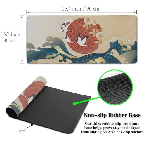 Gaming Mouse Pad Japanese Great Wave Blue Desk Pad, Big Mouse Pads Office Desk Pads, Mouse Mat Non-Slip Rubber Base Waterproof with Stitched Edges, 35.4 X 15.7 inch Oriental Pattern - color: Oriental Pattern
