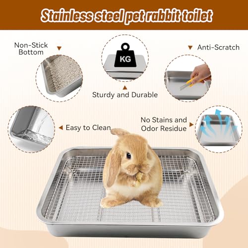 Rabbit Litter Box Stainless Steel Gird Rabbit Litter Box,304 Stainless Steel Sifting Tray with &Non-Slip Feet Mats,Small Animal Toilet Potty Tray Easy to Clean and Wash