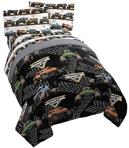 Jay franco Monster Jam Tracks 4 Piece Twin Bed Set - Includes Comforter & Sheet Set - Bedding Features Grave Digger & Megalodon - Super Soft Fade Resistant Microfiber (Official Monster Jam Product) | Grave Digger Megalodon, Comforter Sheets Pillowcase, Of