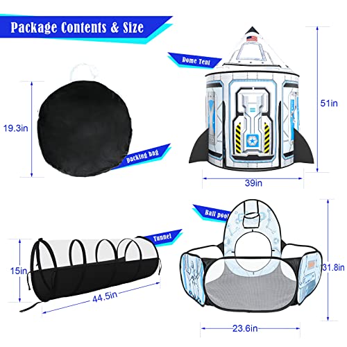 3pc Kids Play Tent for Girls with Ball Pit, Crawl Tunnel, Princess Tents for Toddlers, Baby Space World Playhouse Toys (3PC White Rocket Play Tent) - style: 3PC White Rocket Play Tent