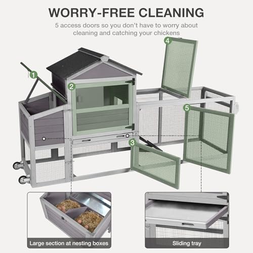 Mobile Chicken Coop with Wheels for 4-6 Chickens, Large Outdoor Hen House with Run, Weatherproof Asphalt Roof, Sectionable Nesting Box & Pull-Out Tray, 82.4" L x 25.8" W x 44.1" H - Grey - size: 82.4"L x 25.8"W x 44.1"H