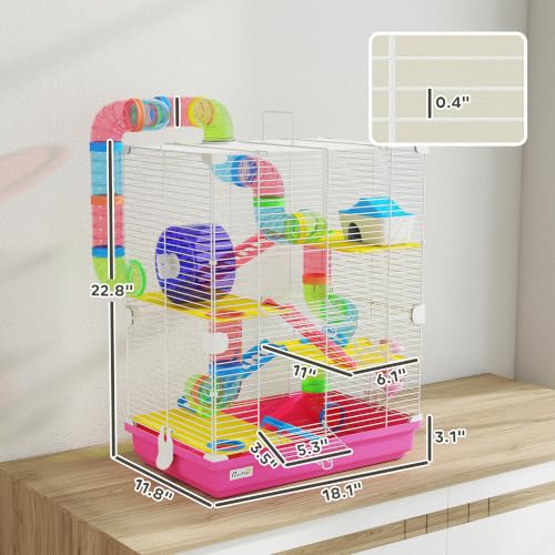 PawHut 18" 5 Tier Hamster Cage w/Tubes and Tunnels for Gerbil Pink | Small Animal Cage, Portable Carry Handle, Water Bottle, Food Dish, Exercise Wheel - color: Pink