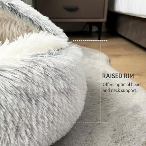 Cat Bed Round Fluffy Hooded Cat Bed Cave, Anti-Anxiety Cave Bed with Hooded Blanket, Cozy Cuddler Luxury Puppy Pet Bed, Anti-Slip Bottom and Machine Washable (Grey, Large) - color: Grey, size: Large