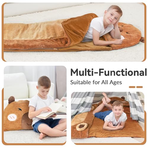 iPlay, iLearn Kid Capybara Sleeping Bag, Toddler Boys Girls Daycare Nap Mat | 2 In 1 Plush Animal Slumber Bag, Brown Pillow, Happy Travel Sleepover Preschool Birthday Gift for Age 3 4 5 6 7 8 10 12 Child - style: Capybara