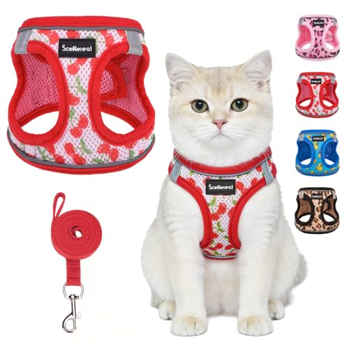 SCENEREAL Cat Harness & Leash Set Escape Proof - Adjustable Air Mesh Vest with Reflective Strips for Kittens, Puppies, Rabbits, Cherry S - color: Cherry, size: Small(Fit Chest 11.3-12.5in)