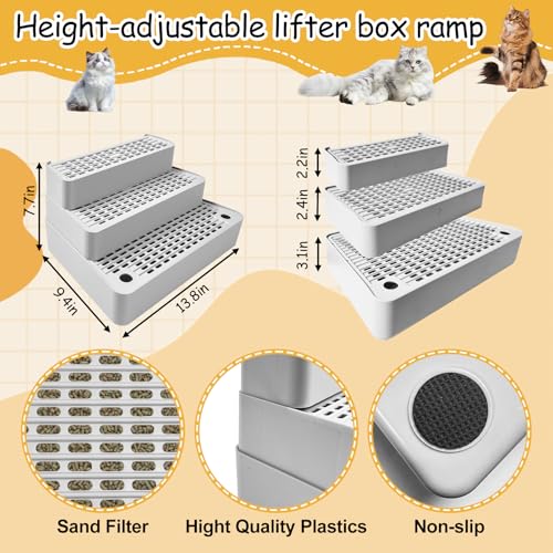 Adjustable 3 Steps Cat Litter Box Step, Litter Box Ramp/Catcher | Filter Function, Non-Slip, Easy to Clean,Cat Litter Stair, Small & Elderly Cats, Fits Automatic Litter Box Steps, Light Grey