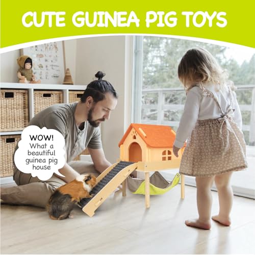BESNEW 3 in 1 Enlarged Guinea Pig Hammock,Wooden Guinea Pig Hideout with House & Platform & Stairs Small Animal Toys for Hiding Sleeping Activities - color: Orange Roof