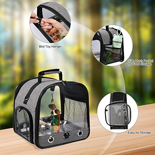 Small Bird Carrier Bag with Stand, Lightweight Backpack for Parrot, Portable Cockatiel Travel Cage with Bird Toy, Pet Transparent Breathable Carrier, Gray - color: Gray, size: 12"L x 9.4"W x 12.9"H