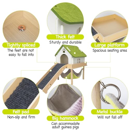 BESNEW 3 in 1 Enlarged Guinea Pig Hammock,Wooden Guinea Pig Hideout with House & Platform & Stairs Small Animal Toys for Hiding Sleeping Activities - color: Matcha White