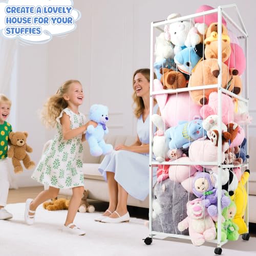 NomNest Stuffed Animal Storage Zoo – Large Metal Plushie Organizer Holds 50+ Toys, Heavy Duty Teddy Bear Toy Holder with Wheels for Bedroom, Playroom, Nursery (White) - color: Pearl White