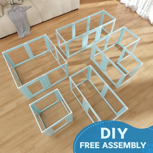 DIY Clear Acrylic Dog Playpen Indoor, Transparent Easy Cleansing Puppy Fence with Suction Cup, Easy-Assemble Indoor Whelping Crate for Small Puppies (23.6" H, 8PCS), Blue