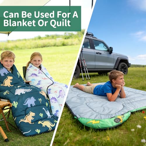 Kids Sleeping Bags - Camping Sleeping Bags with Carry Bag - Compact Sleeping Bag for Hiking, Backpacking 3 Season Warm & Cool Weather, Lightweight Waterproof Outdoor Travel for Boys Girls - color: Green Truck