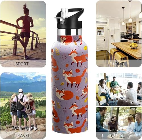 Kids Water Bottle with Straw,Fox Bottle Vacuum Insulated Stainless Steel Travel Mugs Tumbler For Sport School Outdoor 20 oz - color: Brown Fox