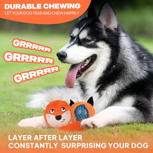 Fida Squeaky Dog Toys for Aggressive Chewers, 3 in 1, Tough Dog Ball | Dog Chew Toys with 3 Layers, to Keep Them Busy, Interactive for Small, Medium and Large Dogs, Gift Box, Fox - color: Orange Fox
