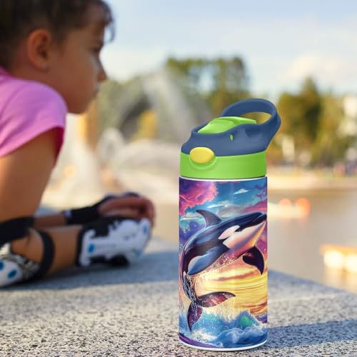 OTVEE Orca Whale Kids Water Bottle with Straw Lid 12 oz Insulated Stainless Steel Leakproof Duck Mouth Tumbler Cup for Boys Girls Teen School - color: Orca Whale